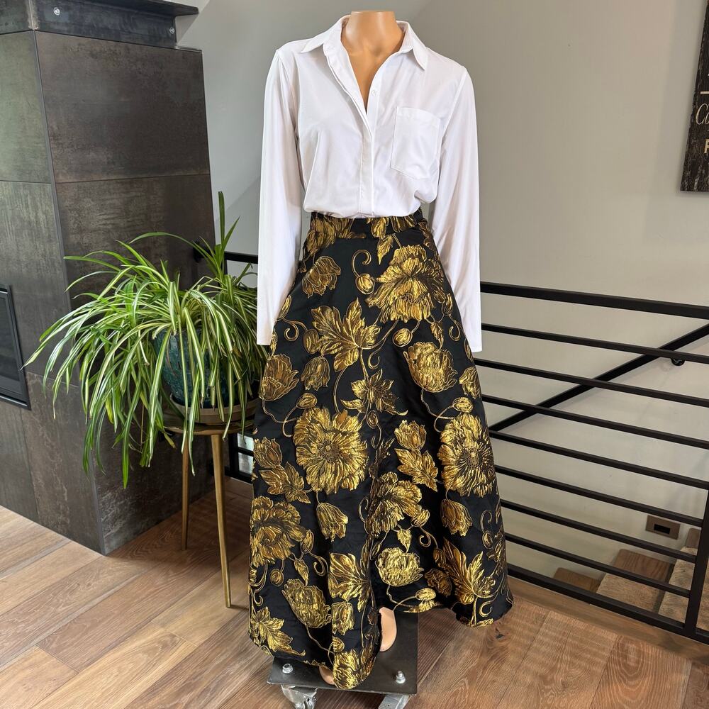 Chicwish Golden Bouquet Metallic Gold Jacquard Floral Maxi Gown Skirt Size XS